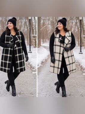 Belldini Plaid Reversible Sleeveless Long Open Vest 1X
